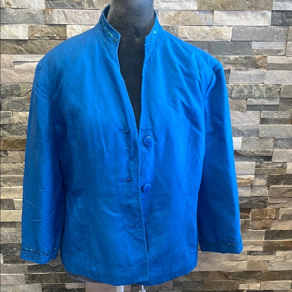 Dressbarn Classic Blue Mandarin Collar Jacket with Structured Fabric